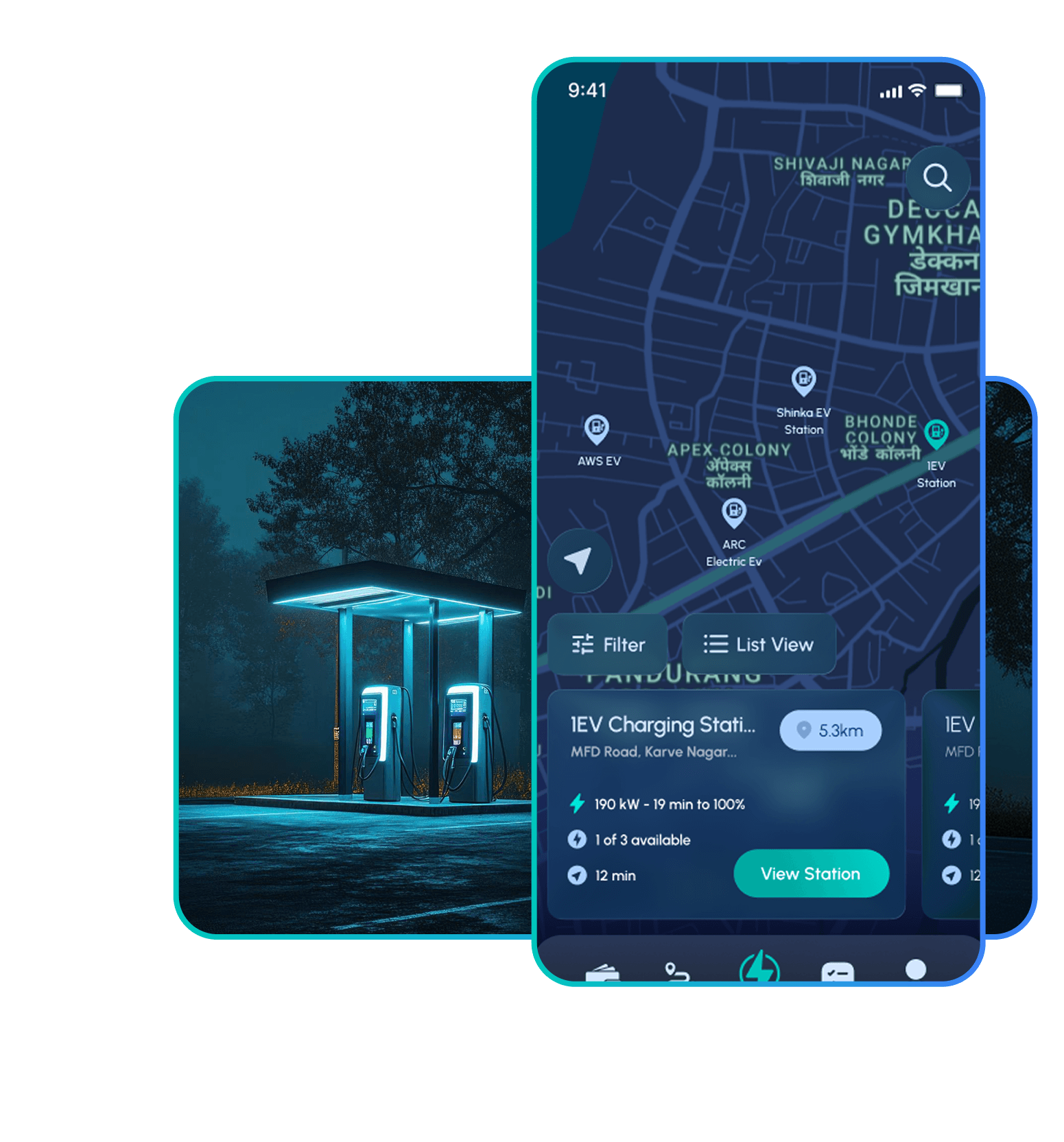 1EV app screen showing a live map with nearby charging stations