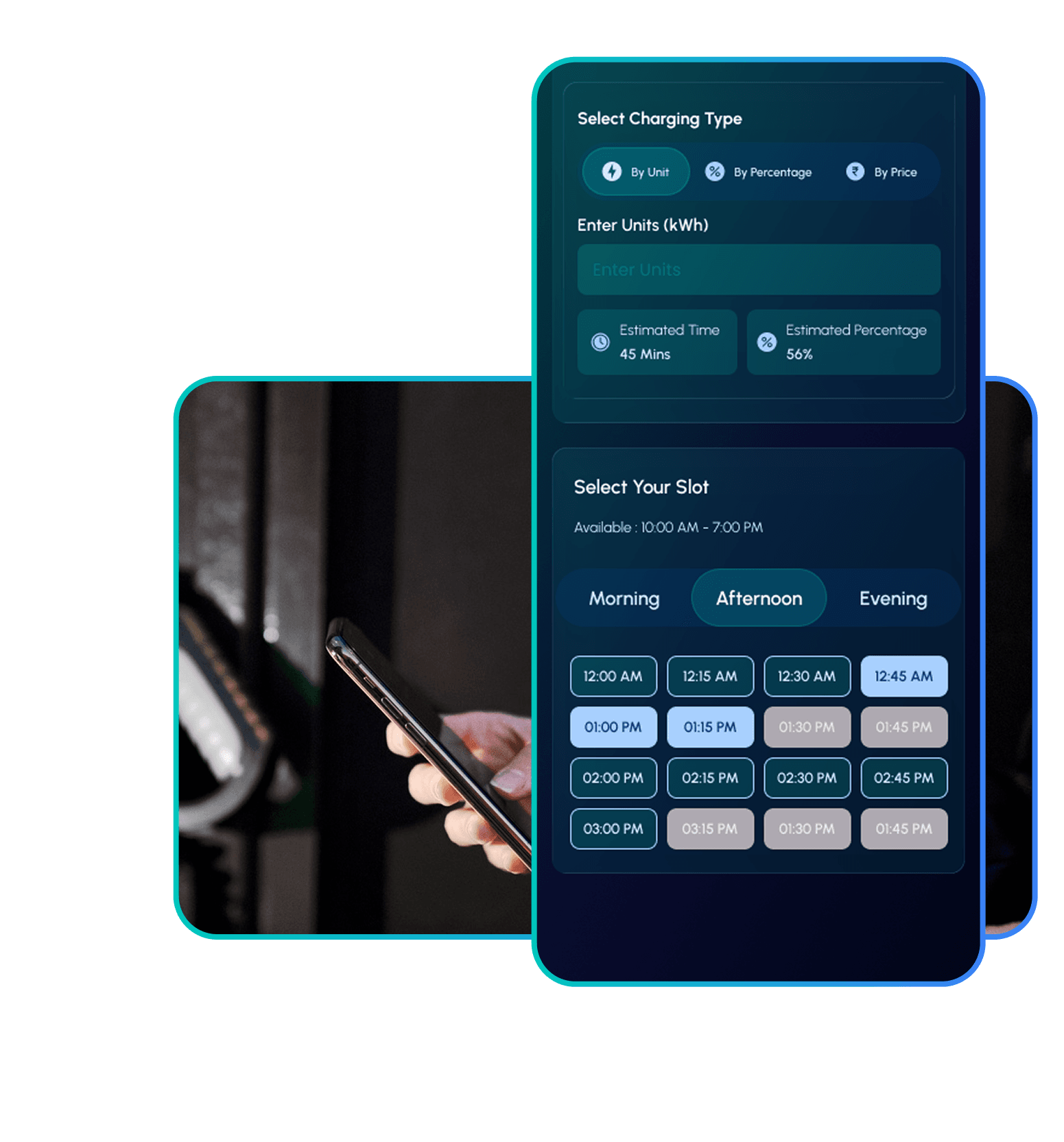 1EV app screen showing slot booking with EV, charging type, and time slot selection