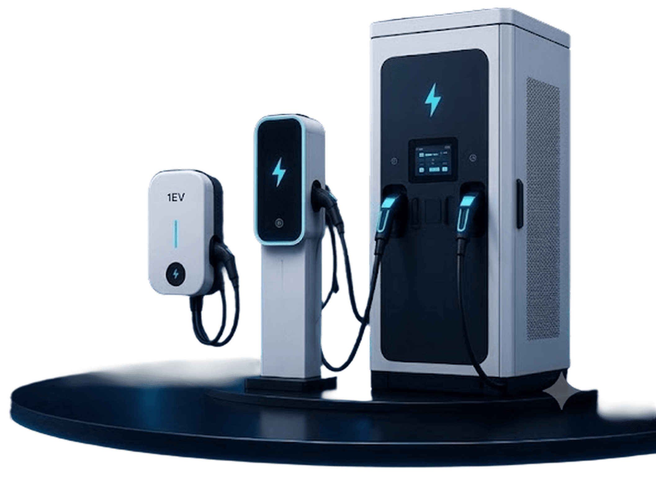 1EV home, wall-mount, and DC fast charger units