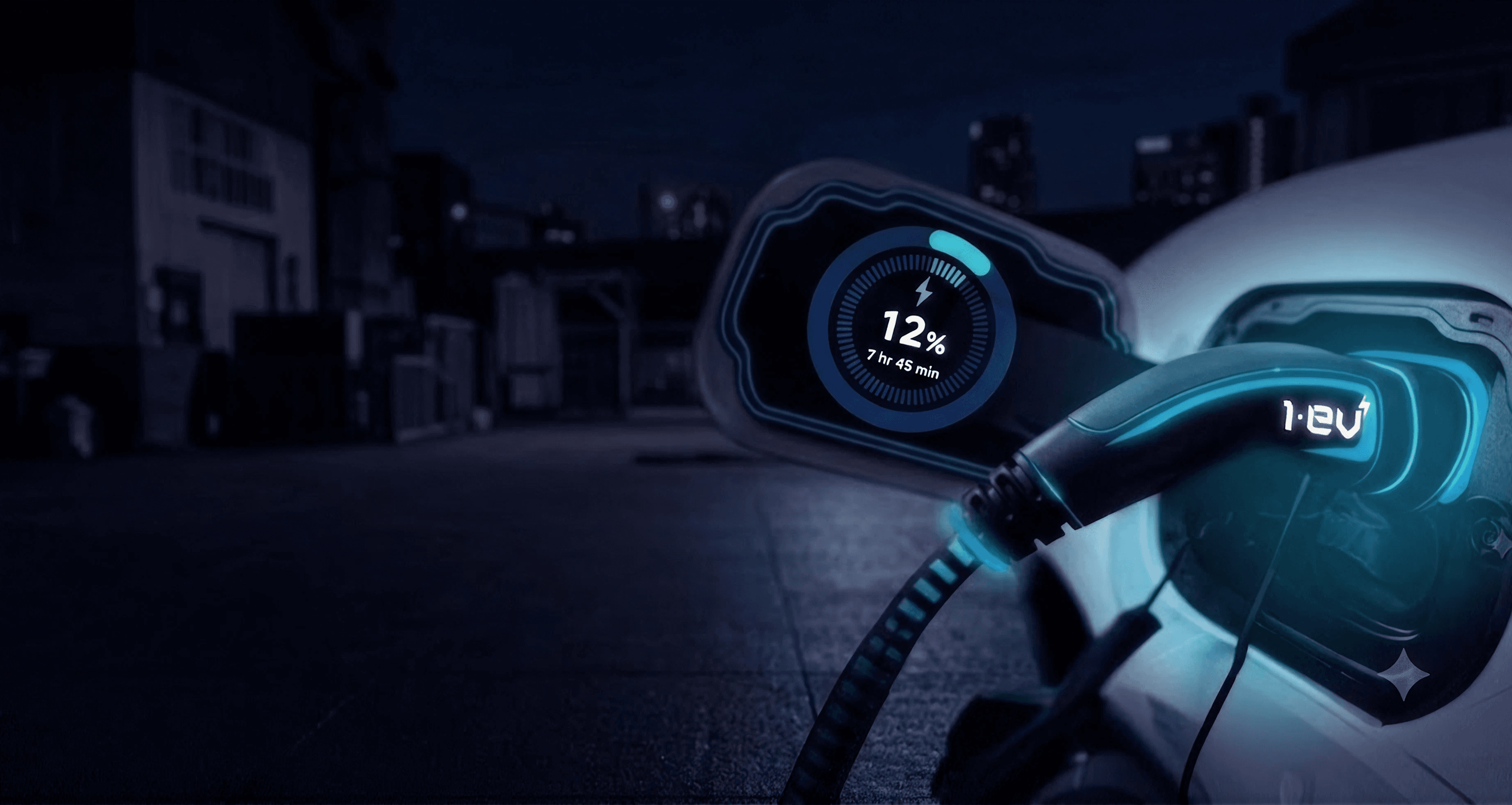 Glowing wireframe render of a 1EV charging station