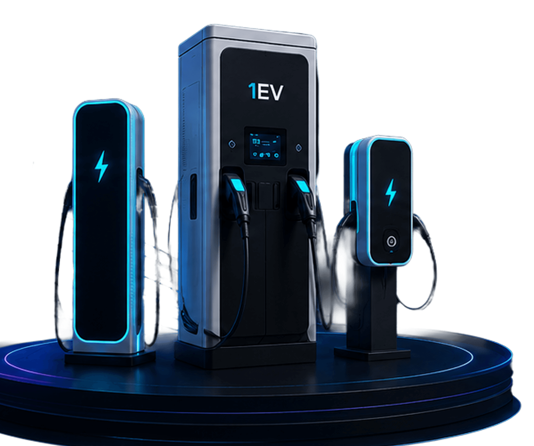 1EV DC fast charger flanked by two compact AC charging pillars on a display podium
