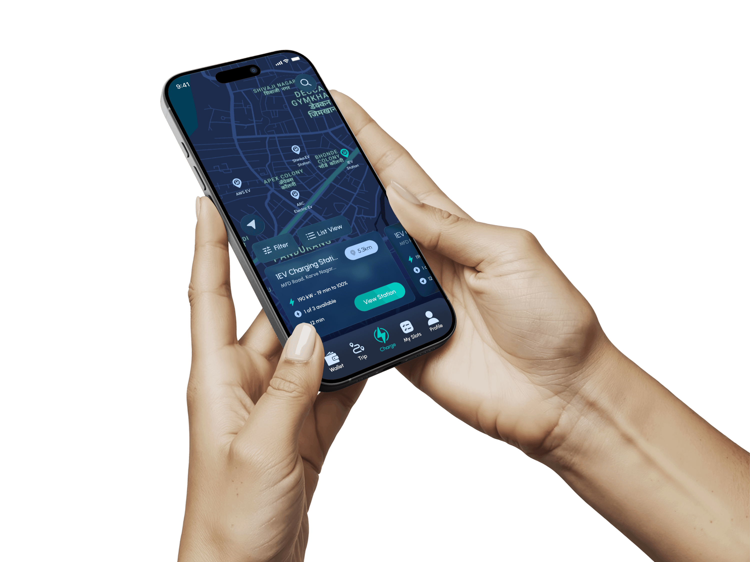 Hand holding a phone with the 1EV app open, showing a nearby charging station