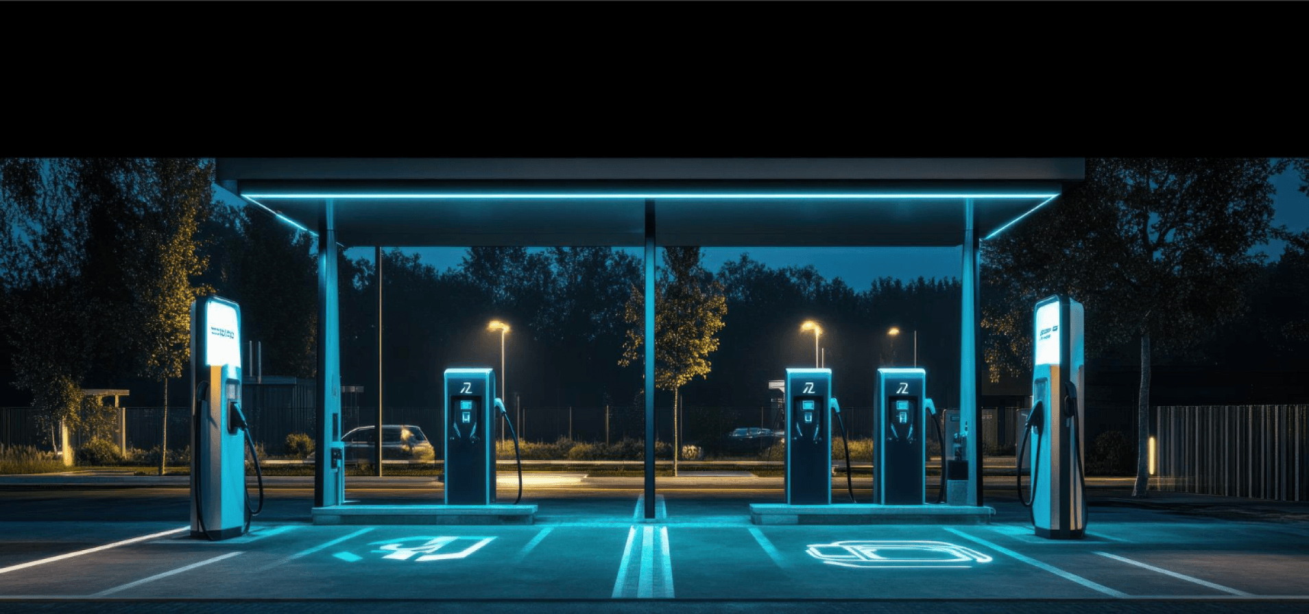 EV chargers on the production line at night
