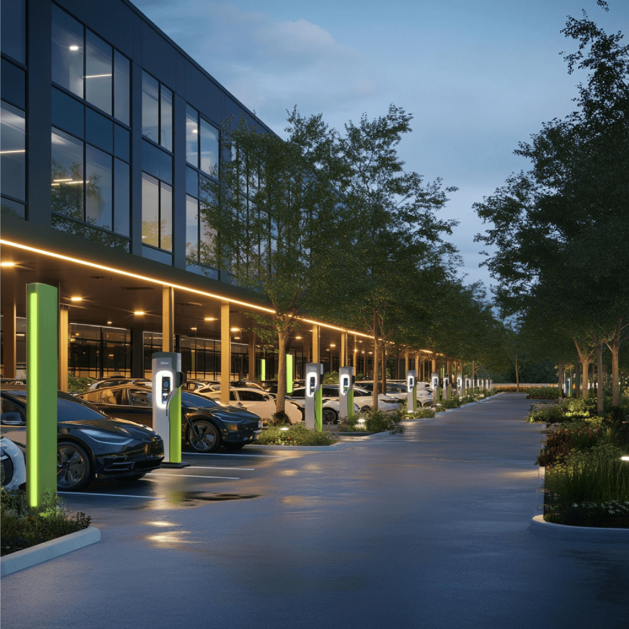 Row of EV charging bollards along a commercial office building at dusk