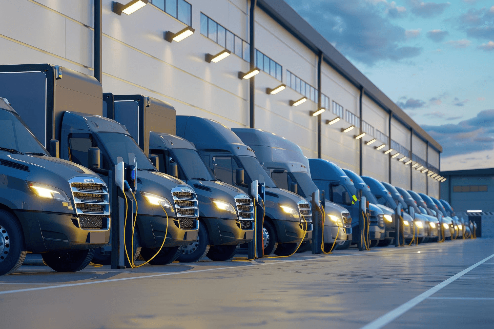 Fleet of electric trucks charging at a logistics depot